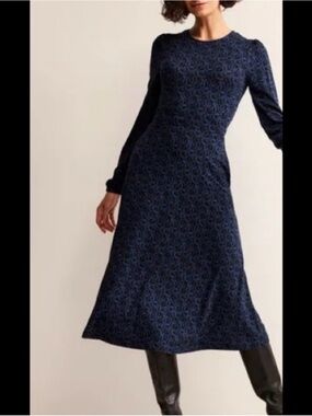 Women's Boden Camille Navy Patterned Long Sleeve Midi Dress (8L)